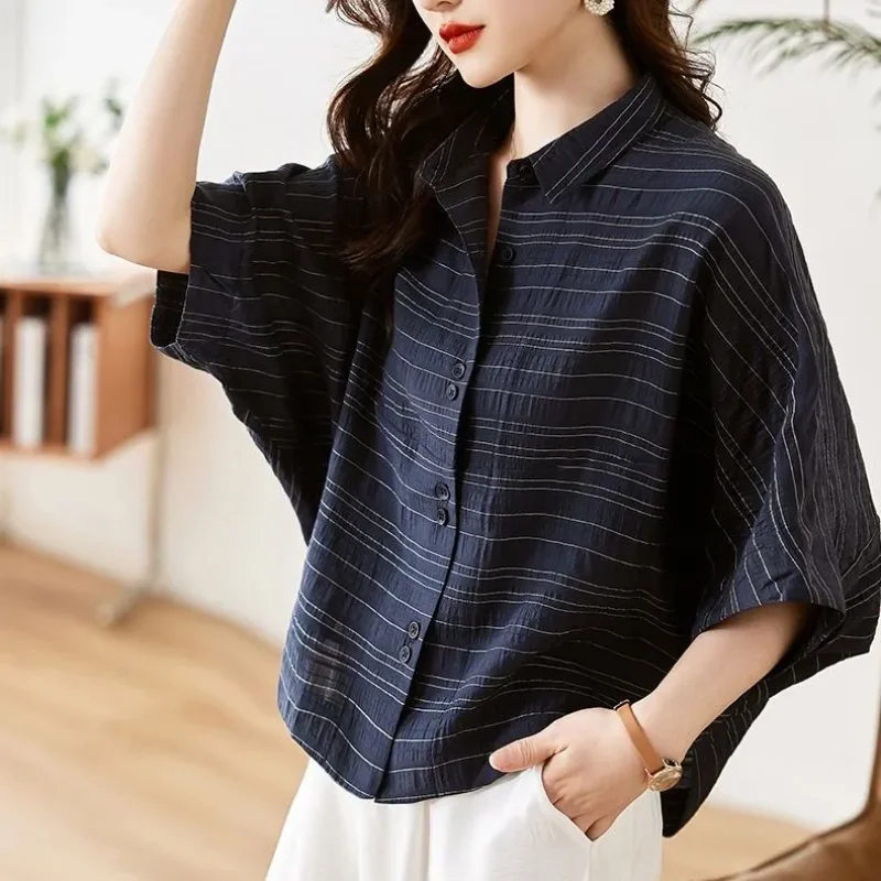 

Horizontal Striped Shirt Women's Summer Loose Casual Design Bat Shirt Foreign Style Top