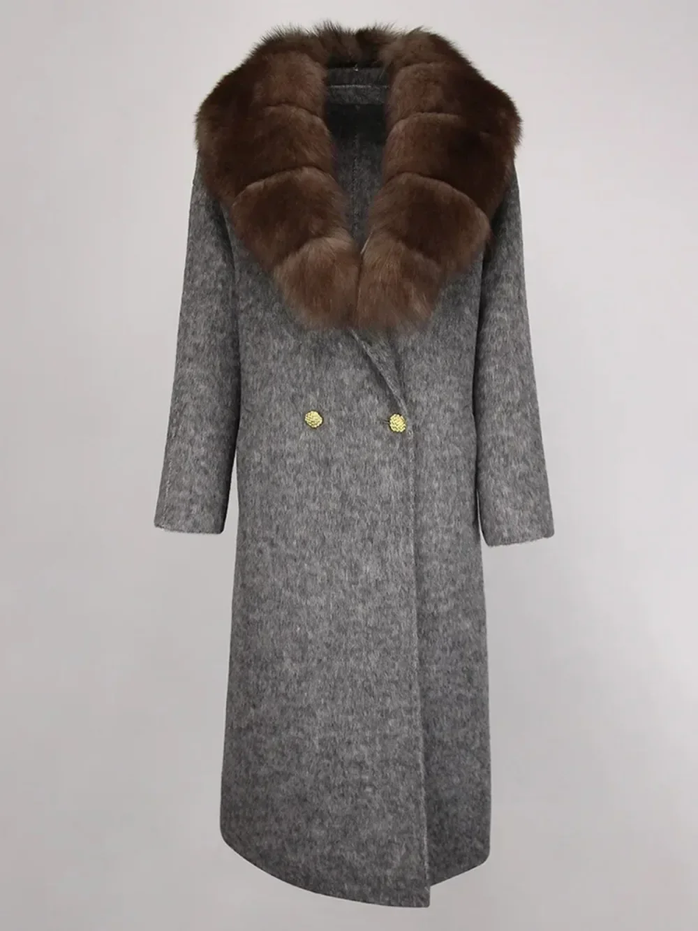 Natural Fox Fur Collar New 2024 Real Fur long Coat Winter Jacket Women Wool Woolen Demure Ladies thick warm Outerwear Streetwear