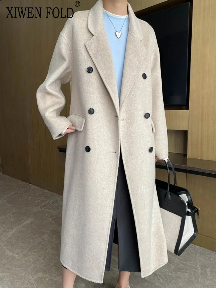 XIWEN 64.2% Woolen Double-breasted Turn-down Collar Solid Color Casual Elegant Women's Coats 2024 Autumn Winter New XF3368