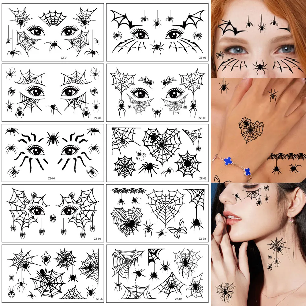 

10 листов Хэллоуин наклейки для бровей паутина татуировки наклейки макияж для тела водостойкая временная татуировка Хэллоуин поддельные татуировки