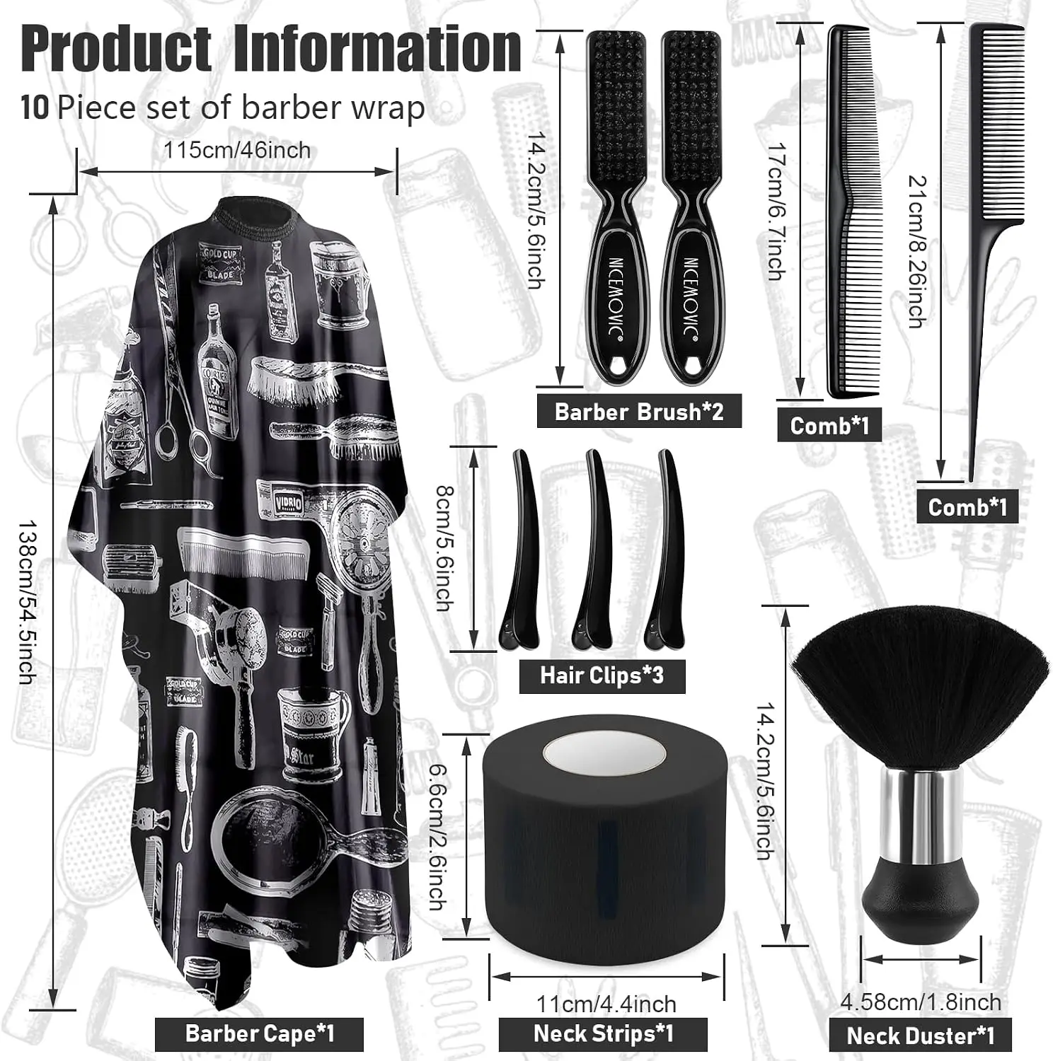 Friseurumhang mit Nackenbürste, Haarbürsten, Haarklammern-Set, professionelles Friseurzubehör, Reinigungsmittel für den Salon – Detail 4