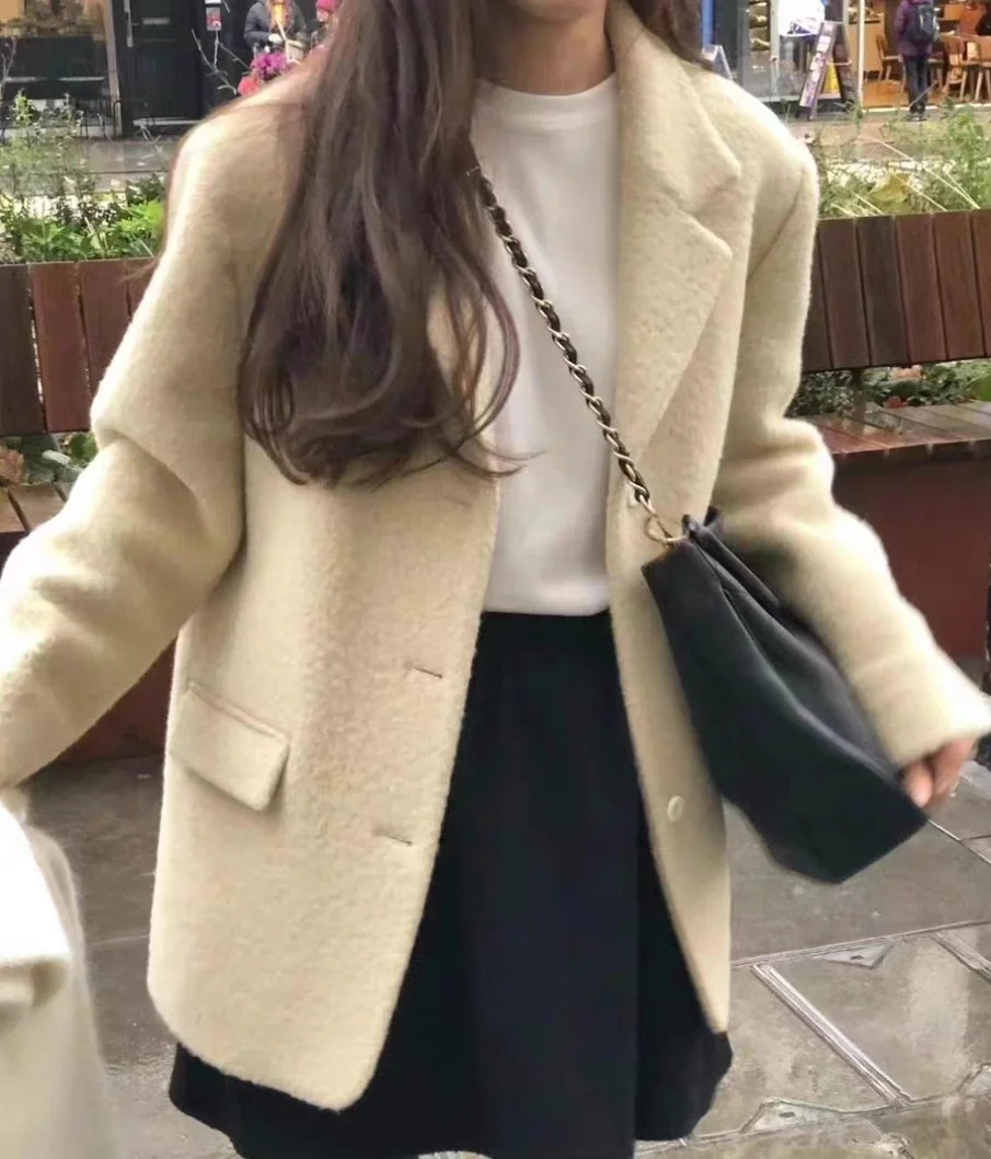 Thiened Warm Woolen Suit Coat Pure Color Simple Sle for Women Commute Sle Long Sve Regular Length Autumn Outerwear