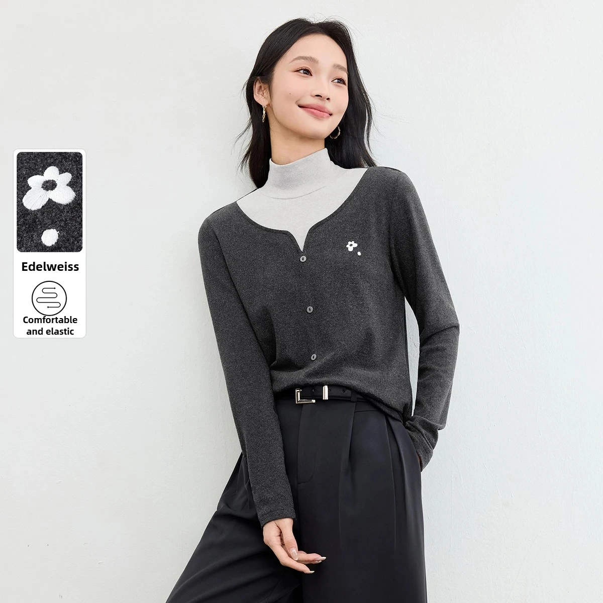 

SENTUBILA Women Warm Turtleneck Pullovers Contrasting Splicing Elastic Knitted Sweater 2025 Autumn Fake Two Piece Tops 154SH2518