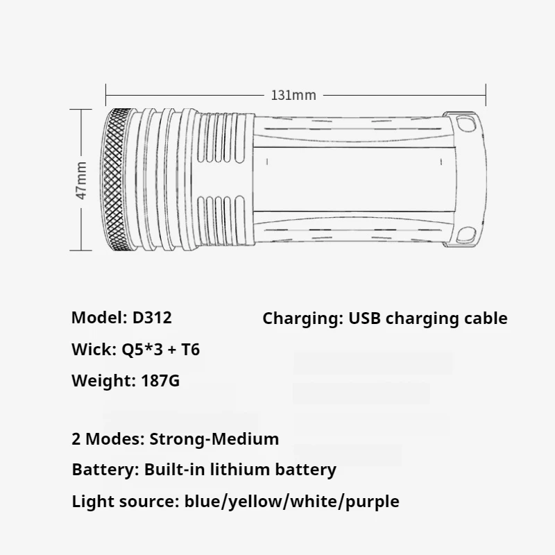 Smiling Shark D312 Super Bright Flashlight, Rechargeable Torchlight, 4 Light Sources Torch, for Outdoor Camping, Hiking, Fishing