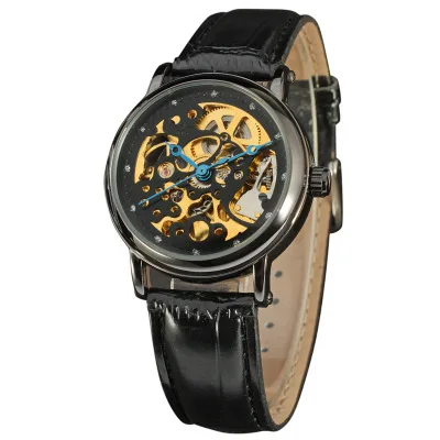 

Fashion Winner Top Brand Women's Leisure Black Case Hollowed Out Fully Automatic Mechanical Genuine Leather Wrist Watches