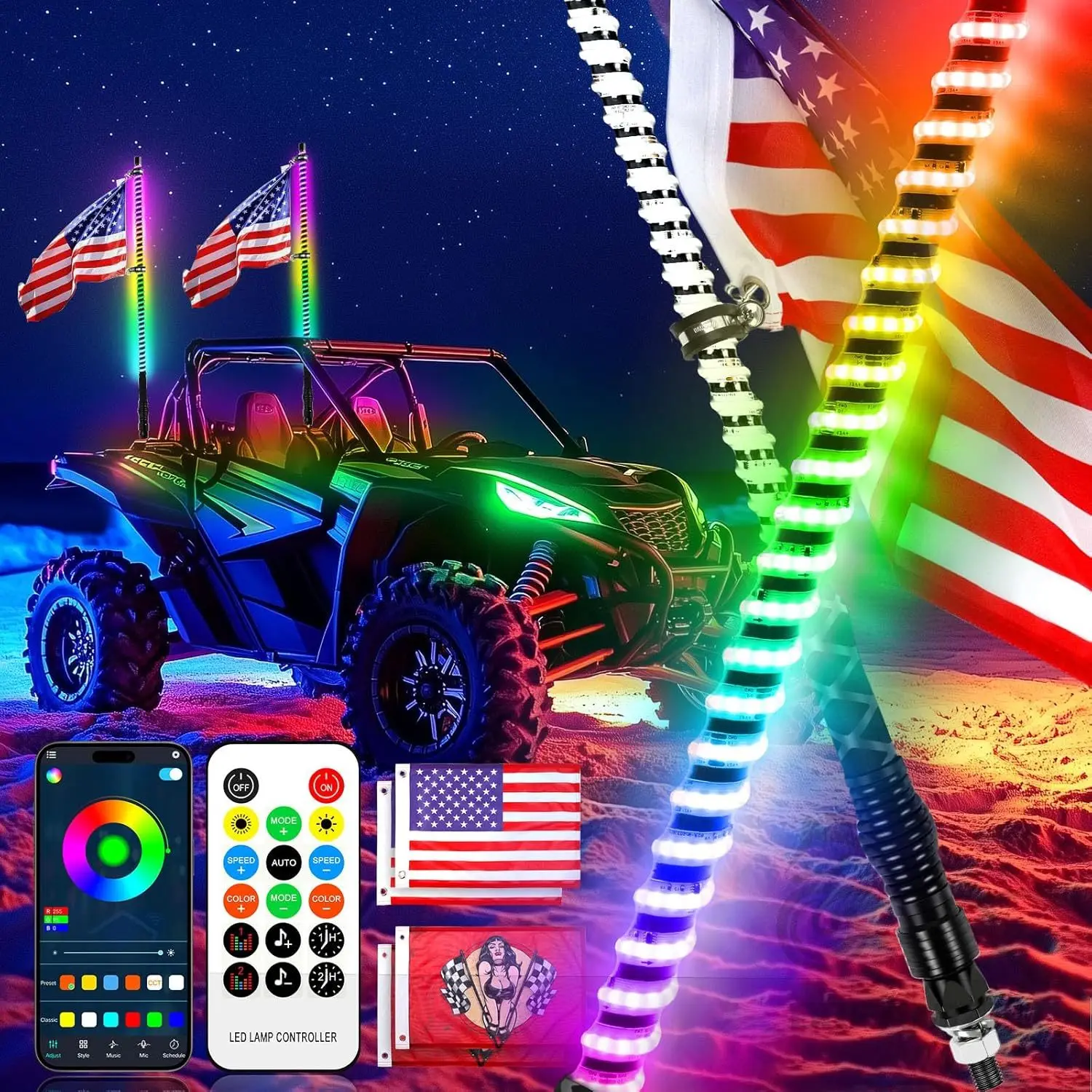 2PCS 3FT Whip Lights COB Light Source Light Whip for UTV ATV W/APP Remote Control 4 Flags 360°Spiral Chasing Lighted Whip