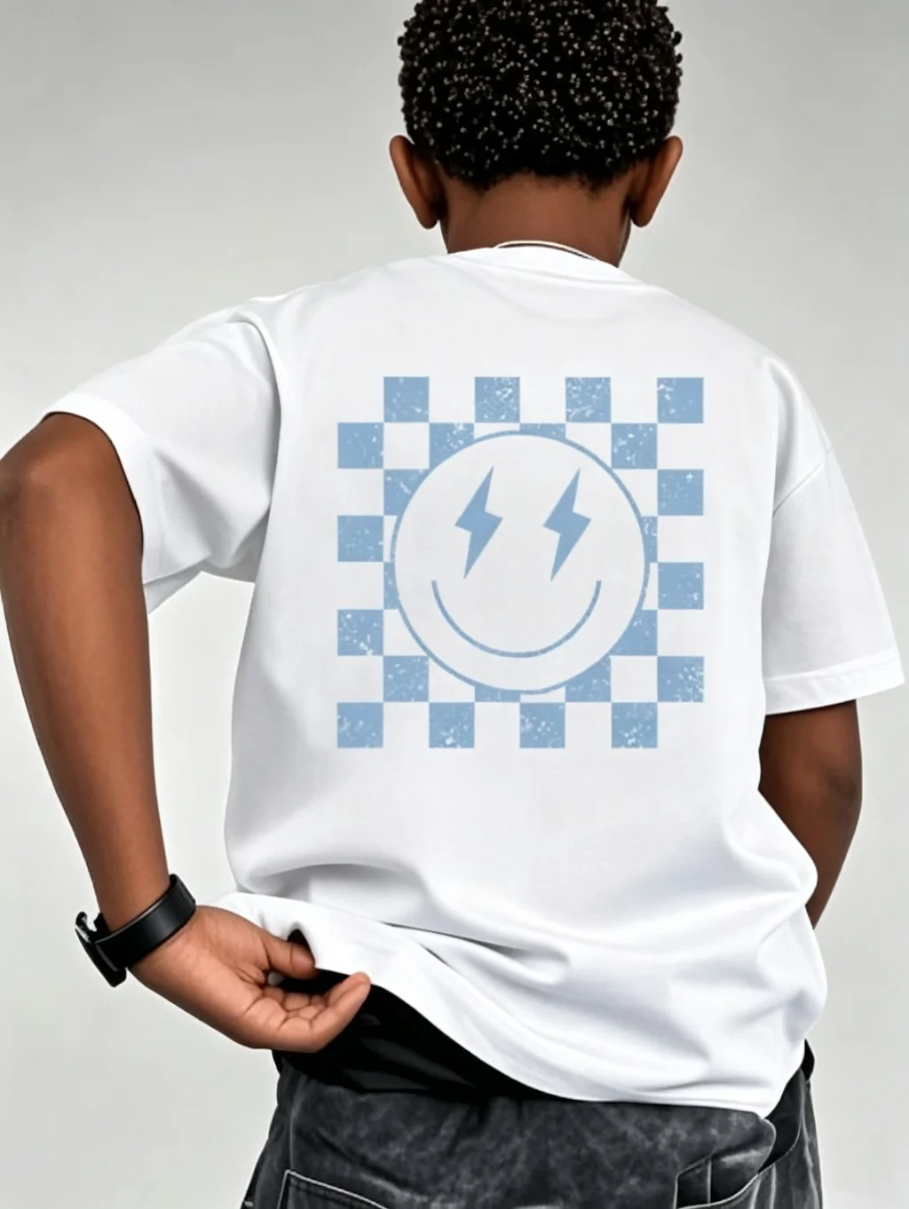 Checkered Lightning Smiley Face Boys Cotton T‑Shirt Print Kids Short Sleeve Tee Retro Casual Summer Children Streetwear Tops