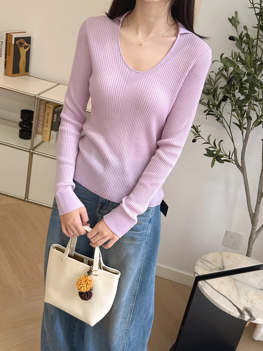 

Женский топ Xu Yan из ледяного шелка с длинным рукавом, V-образным вырезом, облегающий, повседневный, из пряжи Yangzi, глубокий U-образный вырез, трикотаж для весны