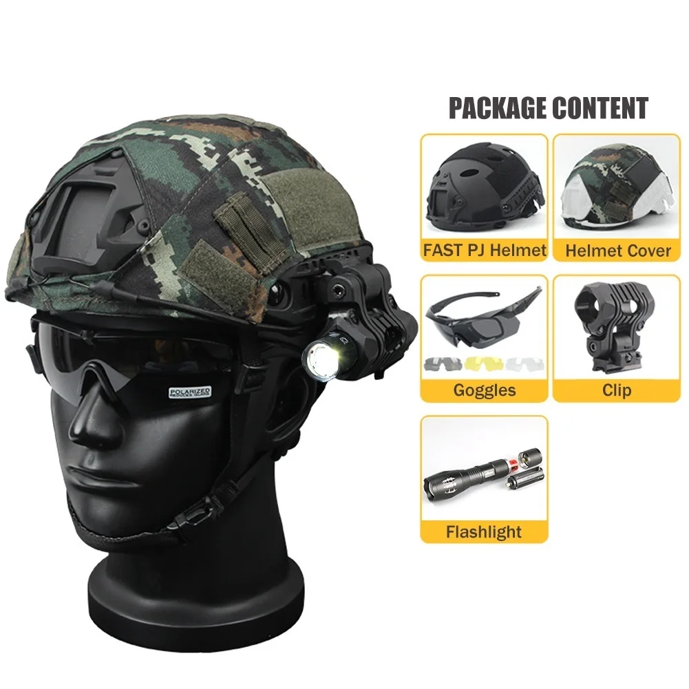 Thickened Protection Airsoft Helmet Set with Camouflage Helmet Cover Goggles & Flashlight Set Tactical Helmet for Paintball Gear