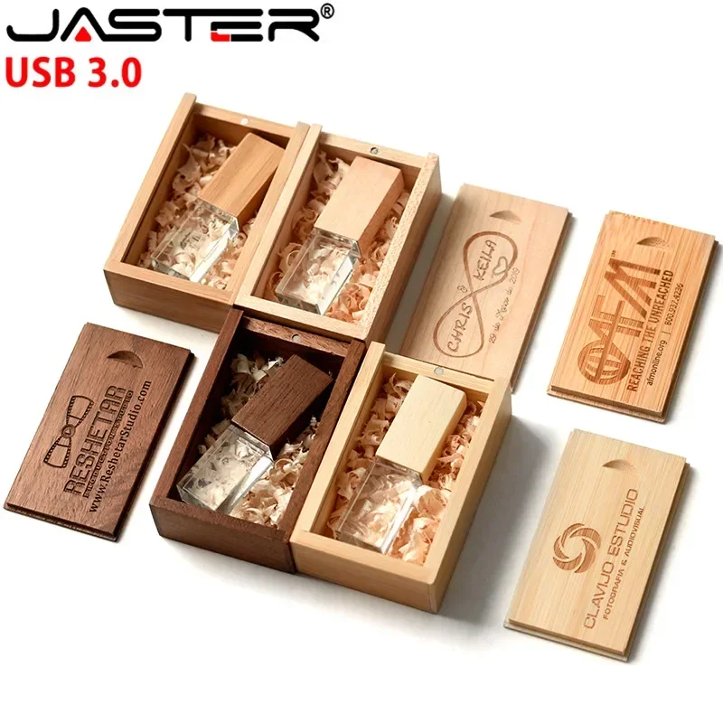 JASTER-Clé USB haute vitesse avec logo personnalisé gratuit, clé USB 3.0, photographie de mariage, cristal en bois, version 16 Go, 64 Go, 32 Go