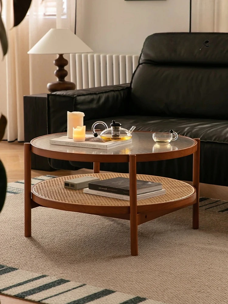 

Nordic Style round Simple Rattan Glass Tea Table
