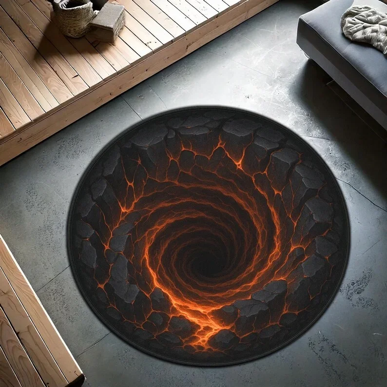 Unique Round 3D Illusion Lava Flow Rug with Electric Lightning Pattern Black Volcanic Rock Edge Carpet Modern Living Room Rug