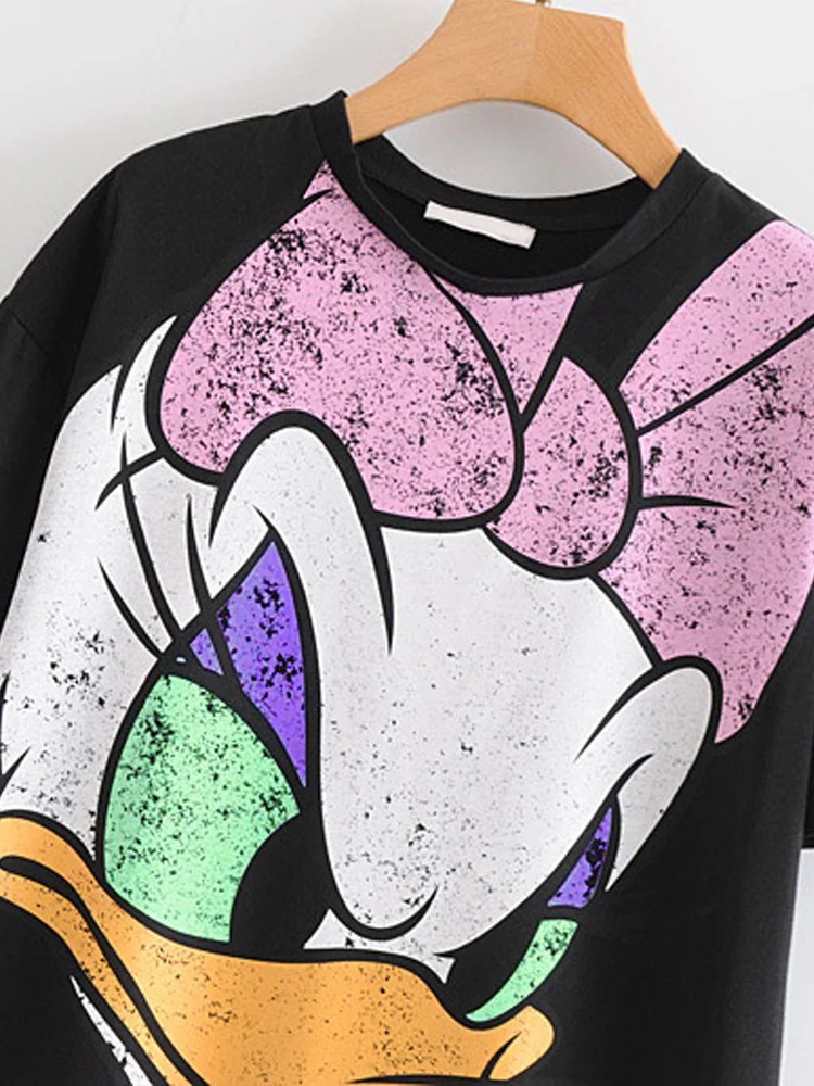 Disney Donald Daisy Duck Cartoon Print Black Women T-Shirt O-Neck Pullover Short Sleeve Casual Sweet Streetwear Loose Tee Tops