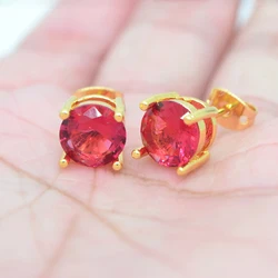 Fashion Gold Color Women Rose Red Cubic Zirconia CZ Round Stud Earrings Jewelry