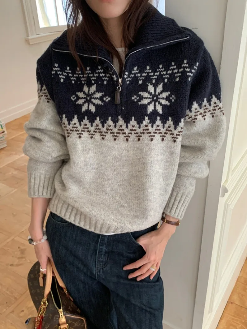 Weicher Fcey-Strickpullover für Damen, lässig, locker, Winter, neuer Sle f-Reißverschluss, faires Isle-gemustertes, bequemes, atmungsaktives Oberteil