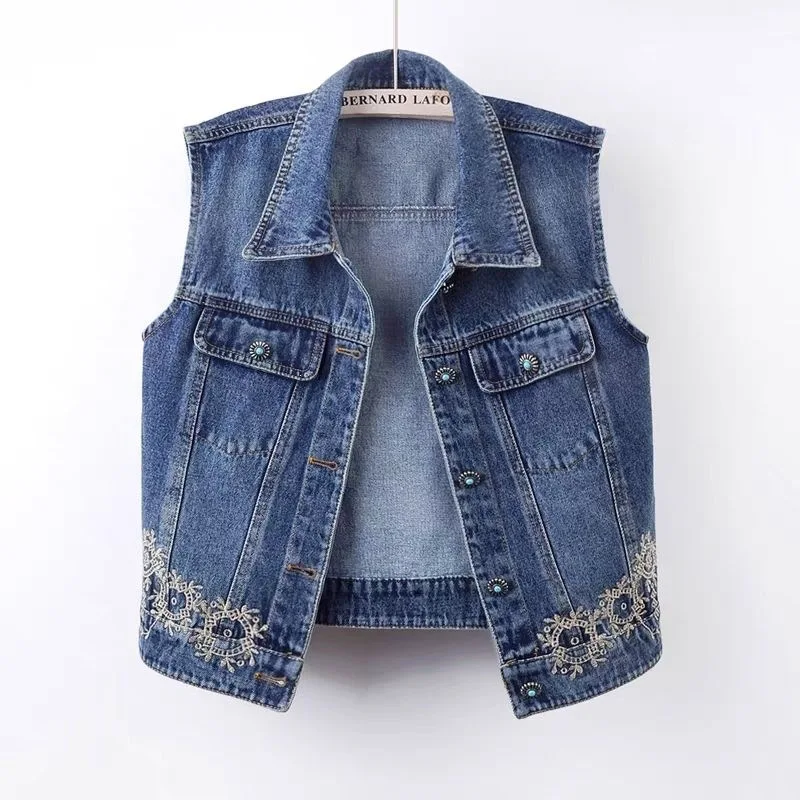 European Embroidered Denim Vest Women's Short Waistcoat 2026 New Spring and Autumn Sleeveless Top Vintage Female Shorts Jackets