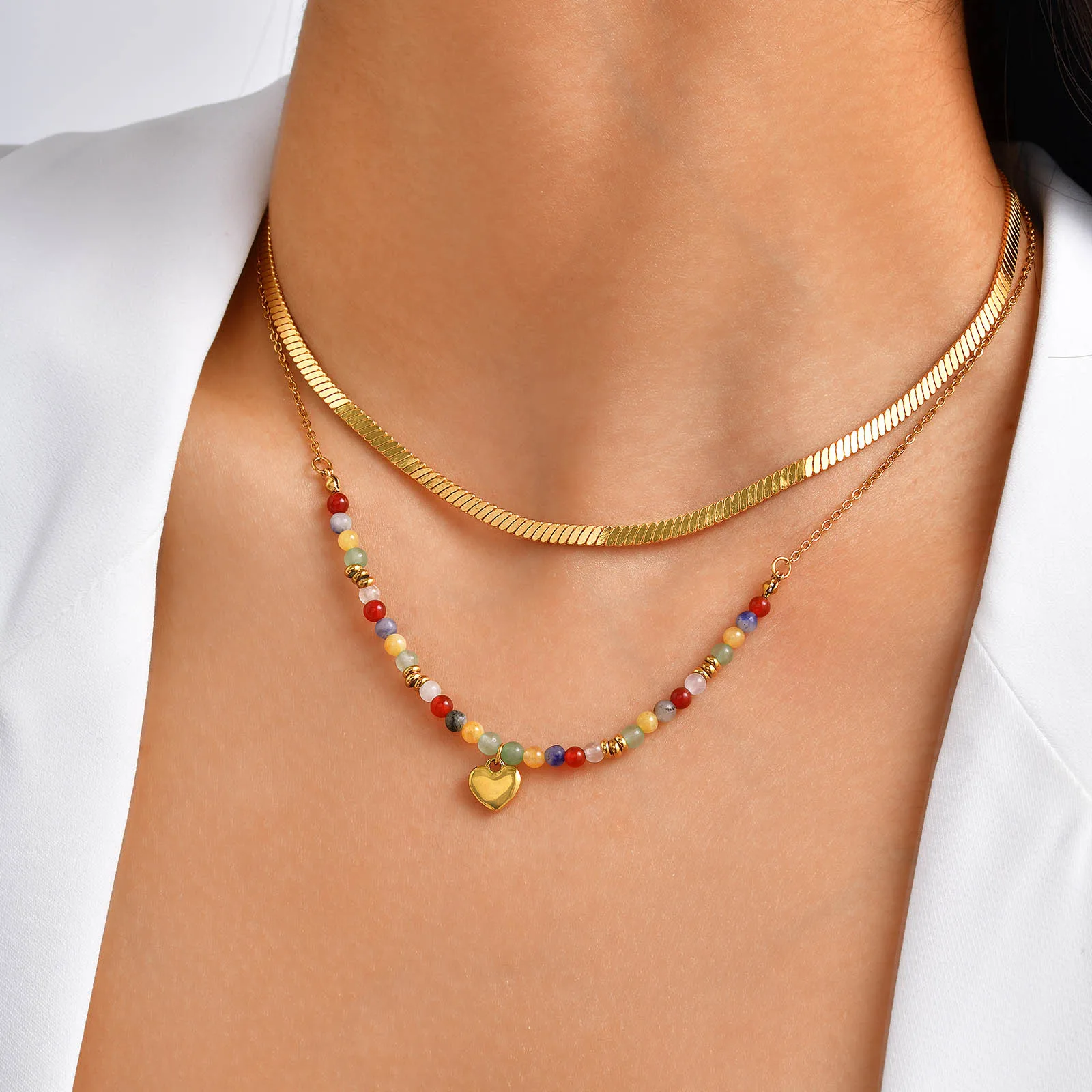 Collar de cadena de hoja de doble capa de acero inoxidable para mujer, collares con colgante de corazón de cuentas coloridas chapadas en oro, regalo de joyería