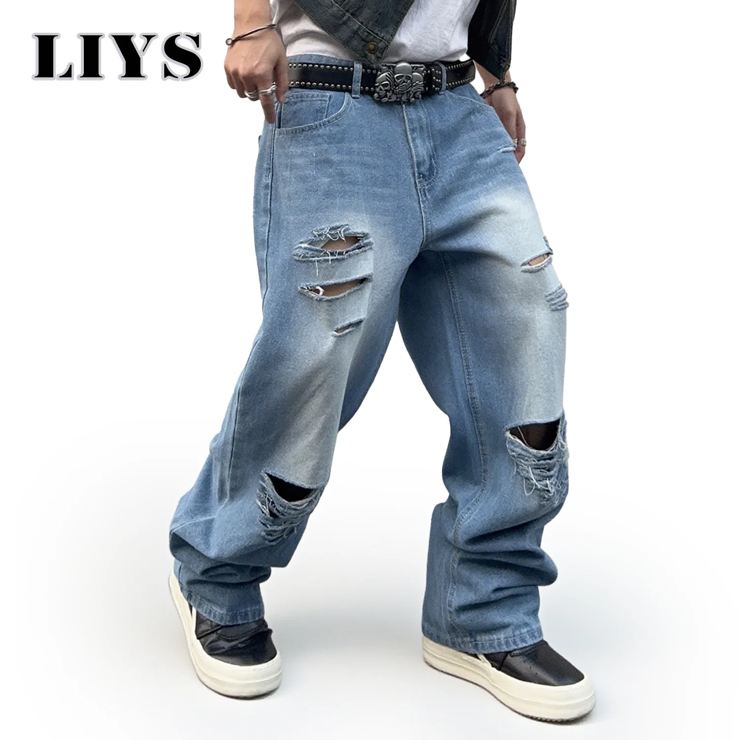 

Men's Blue Distressed Ripped Baggy Jeans Y2K Wide Leg Straight Leg Casual Jeans Street Ripped New Fashion Baggy Jeans Man