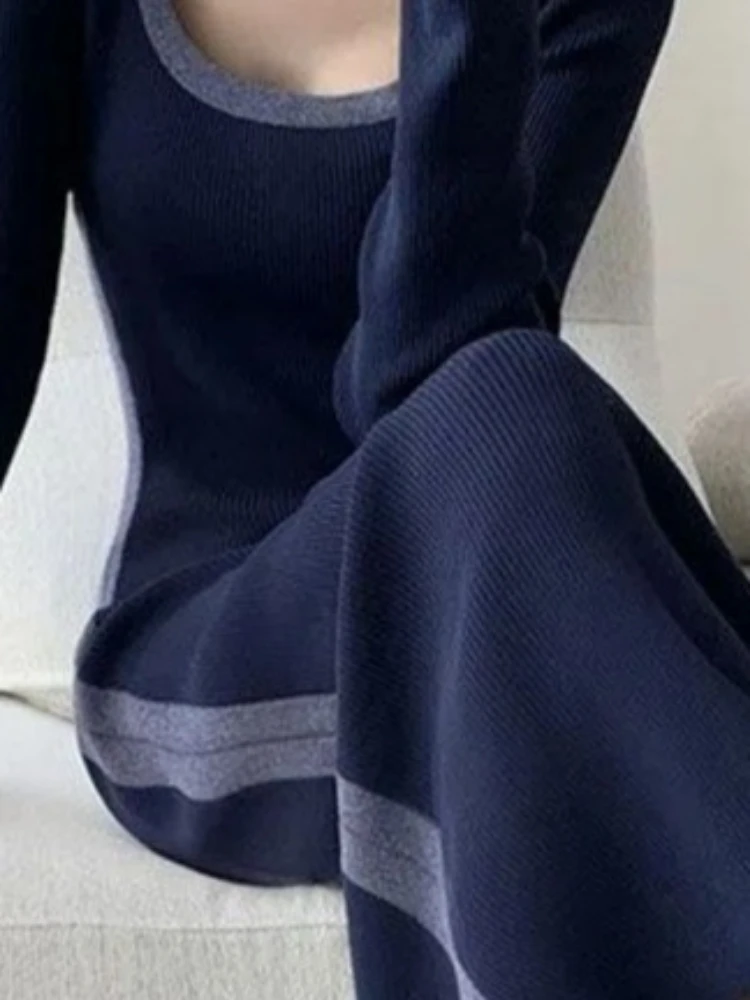 Sukienka maxi z dzianiny z dekoltem w kształcie litery U, patchworkowa, tunika damska, sukienka vintage, obcisła sukienka koreańska, Vestidos De Mujer 2025