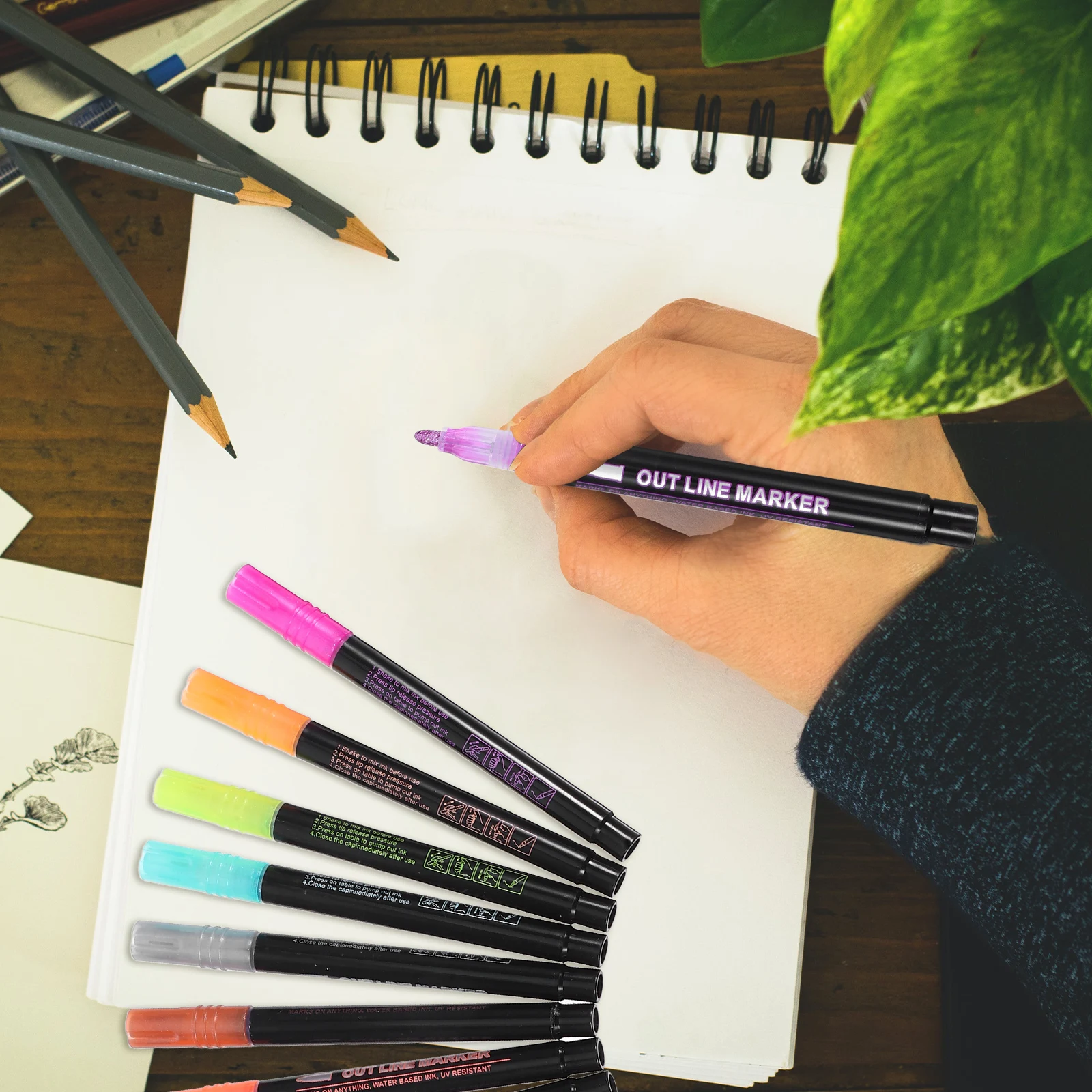 

12 Pcs Brush Art Glitter Markers Fine Outline Pen Artist Pens Plastic Double Sided Highlighters