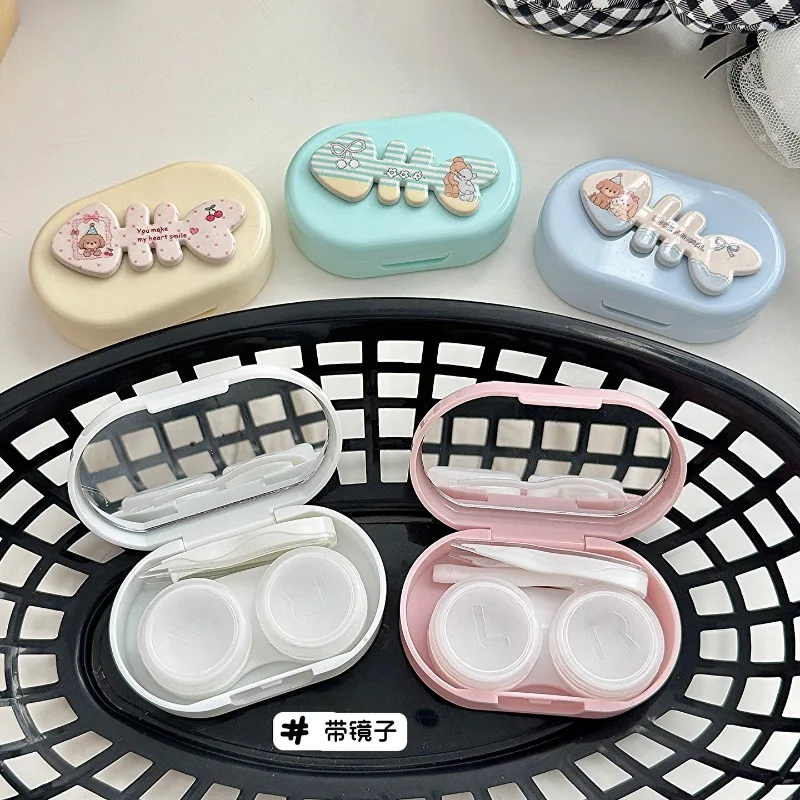 Cute Cartoon Fish Bone Oval Contact Lens Case With Mirror Portable Eye Care Storage Box - view 3
