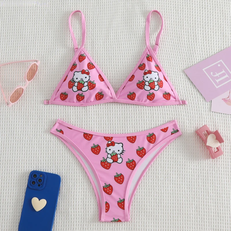 Słodka różowa wąska nadruk Hello Kitty kostium kąpielowy dla kobiet Y2k Sanrio Slim Cover Up dwuczęściowy zestaw bikini