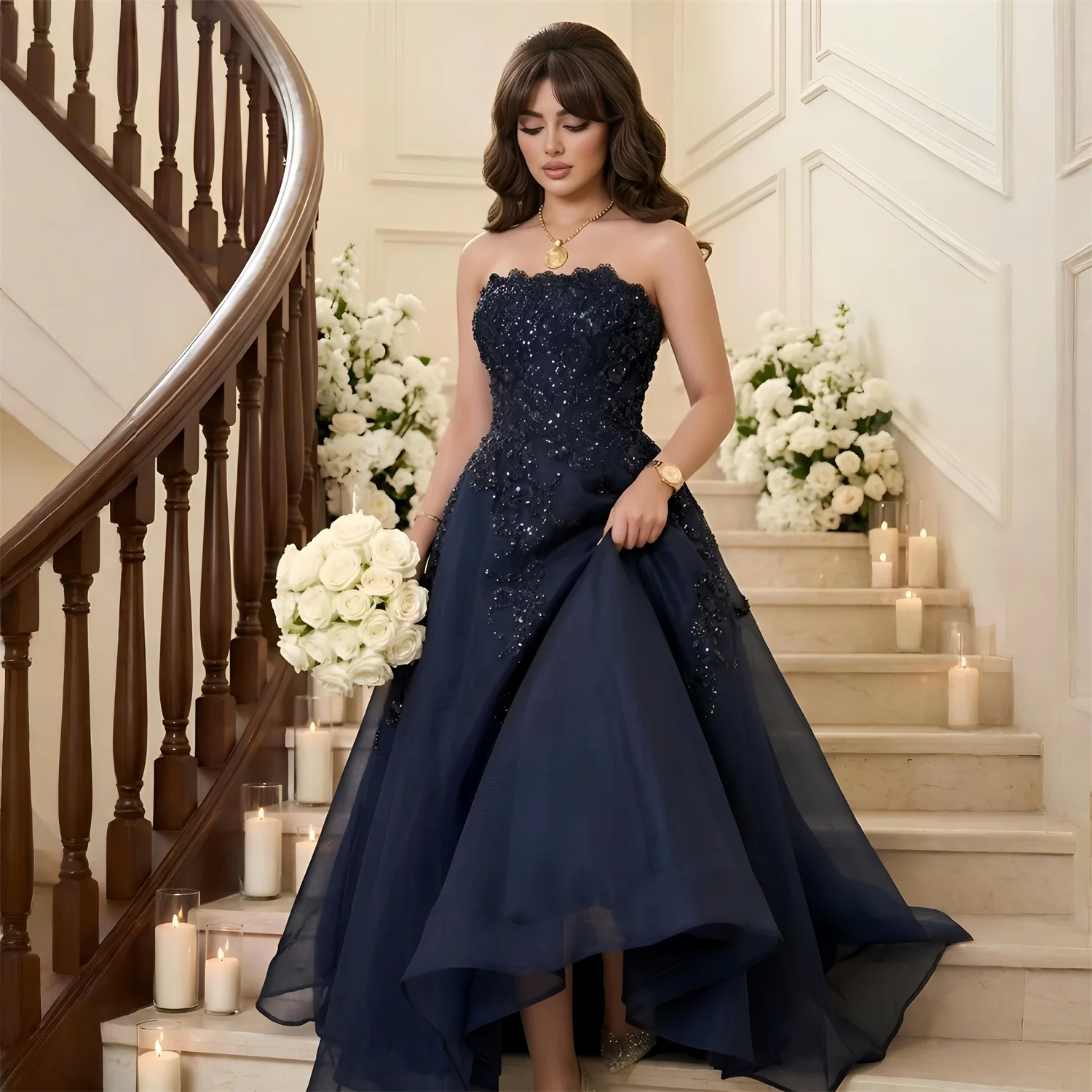 

EDECPBM Beading Prom Dress Women Sexy American Style Navy Tulle Customized 2026 Women's Formal Evening Gowns New Collection