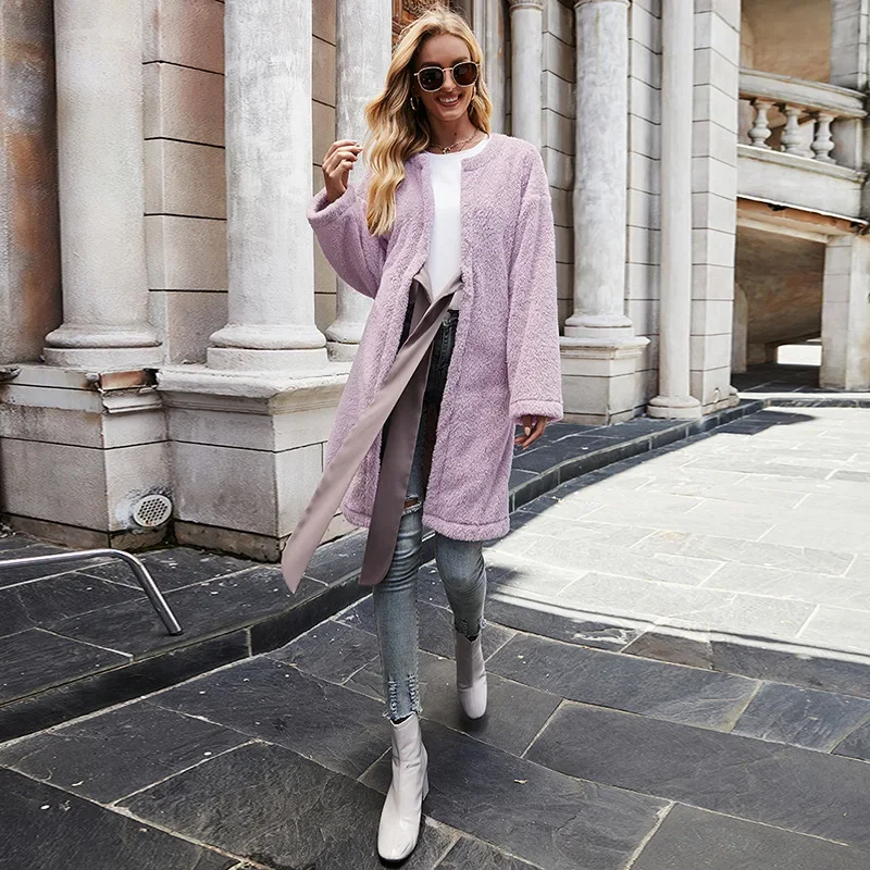 

Autumn Winter Solid Colors Loose Casual Fleece Clothing Purple Furry Blends Woolen Coats Women O-Neck Bow Bandage Long Cardigans