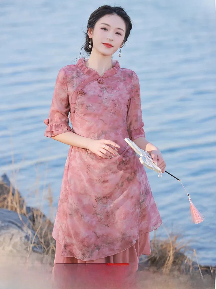 

Ретро-платье-ципао для женщин: новинка весна-лето, с цветочным принтом, нежное винтажное длинное платье, традиционный китайский костюм