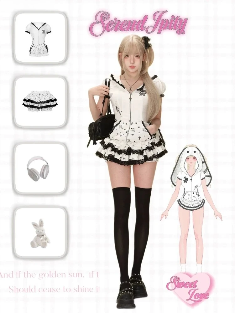 여름 달콤한 프레피 스타일 2피스 세트 여성 Y2K 카와이 로리타 디자인 탑 + 하이웨이스트 시크 스커트 여성 프린세스 레트로 의상