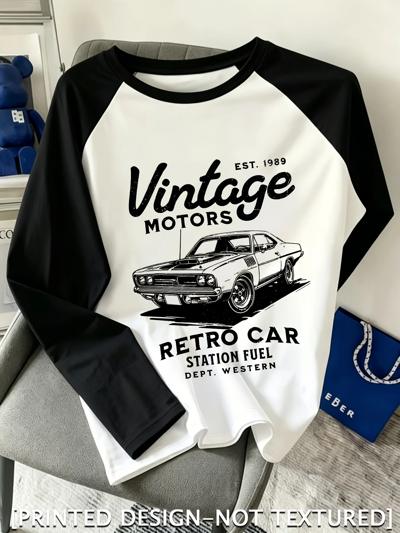 Koreanisches Raglan-Langarm-T-Shirt mit Rundhalsausschnitt für Damen, amerikanisches Vintage-Auto-Grafik-Print-T-Shirt, lässige Oberteile, Kleidung, Y2k-Stil.