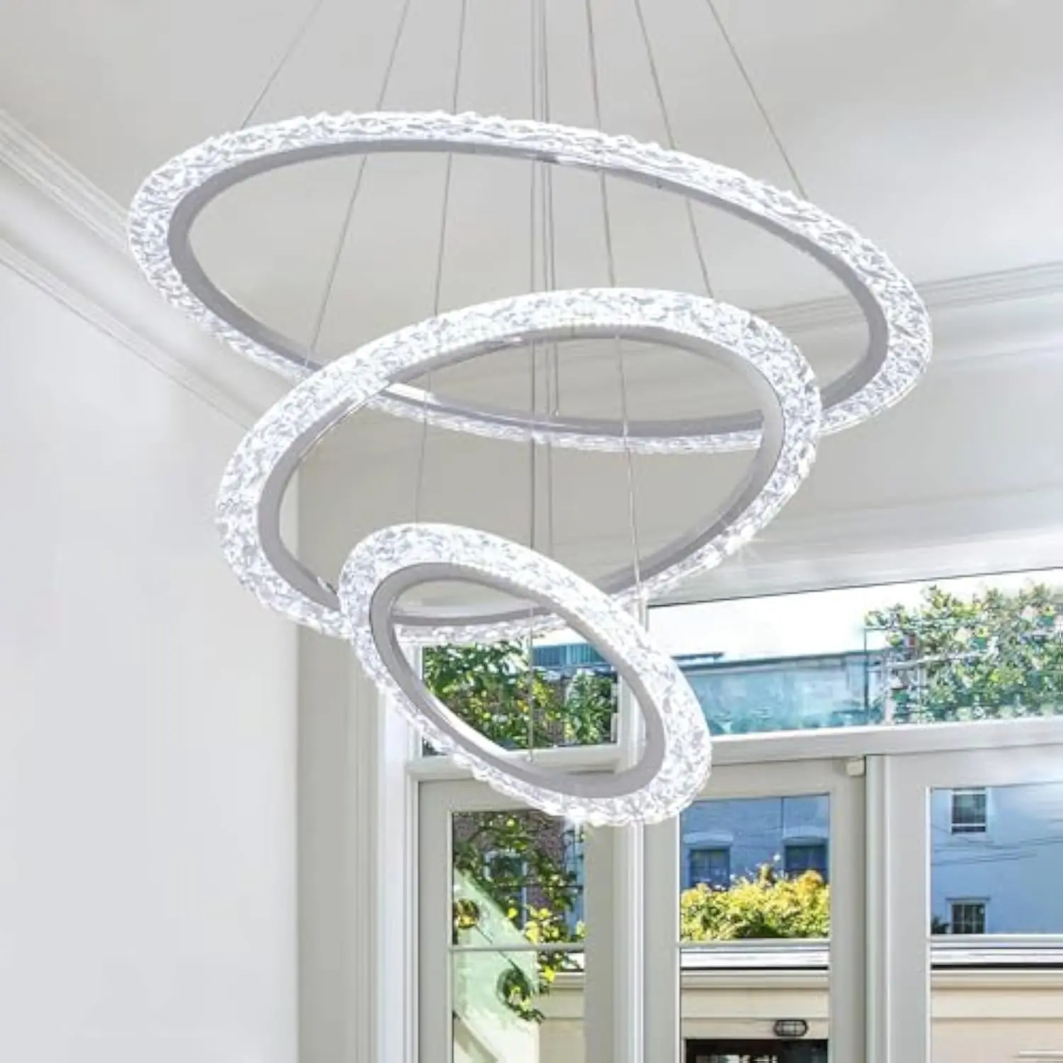 

Modern Led Chandelier 3 Ring Crystal Chandeliers for Dining Room Ceiling Lighting Fixture Adjustable Height Round Pendant Lig