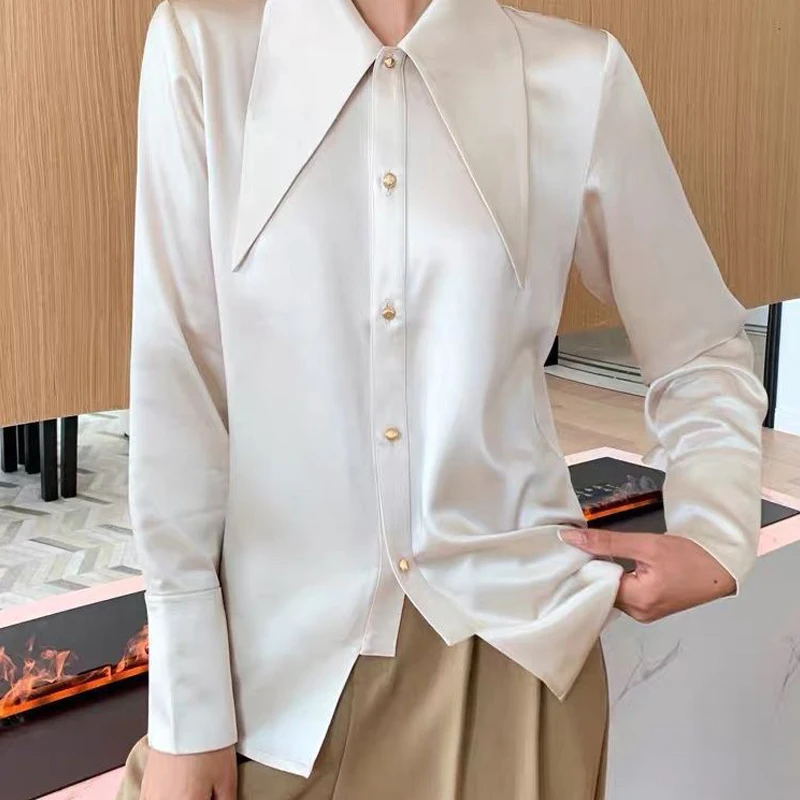 Women Satin Pointed Collar Luxury Designer Elegant Shirts Spring Autumn Fashion Office Lady Business Casual Long Sleeve Blouses