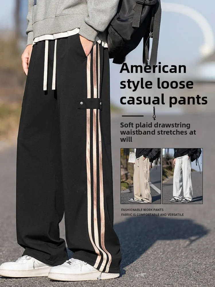 

TUCANO Wooden Du Stripe Wide Leg Pants Men's Spring Autumn Casual Loose Straight Tube Sports Trousers American Sle Two-Wa...