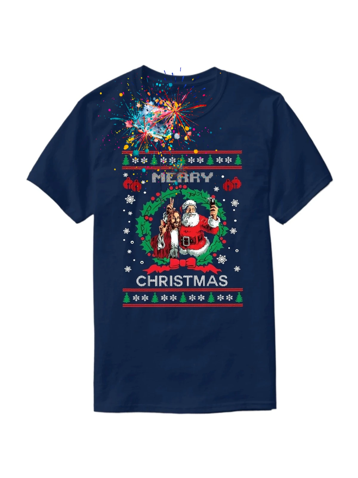 

Jesus Takes Selfie with Santa Ugly Christmas Sweater T-Shirt 100% Cotton O-Neck Short Sleeve Casual Mens T-shirt Size S-3XL