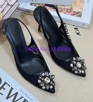 Sexy Lace Crystal Decor Lady Sandals Fashion 6/9cm Stiletto Heel Woman Wedding Shoes Female New Slingback Pumps Party High Heels