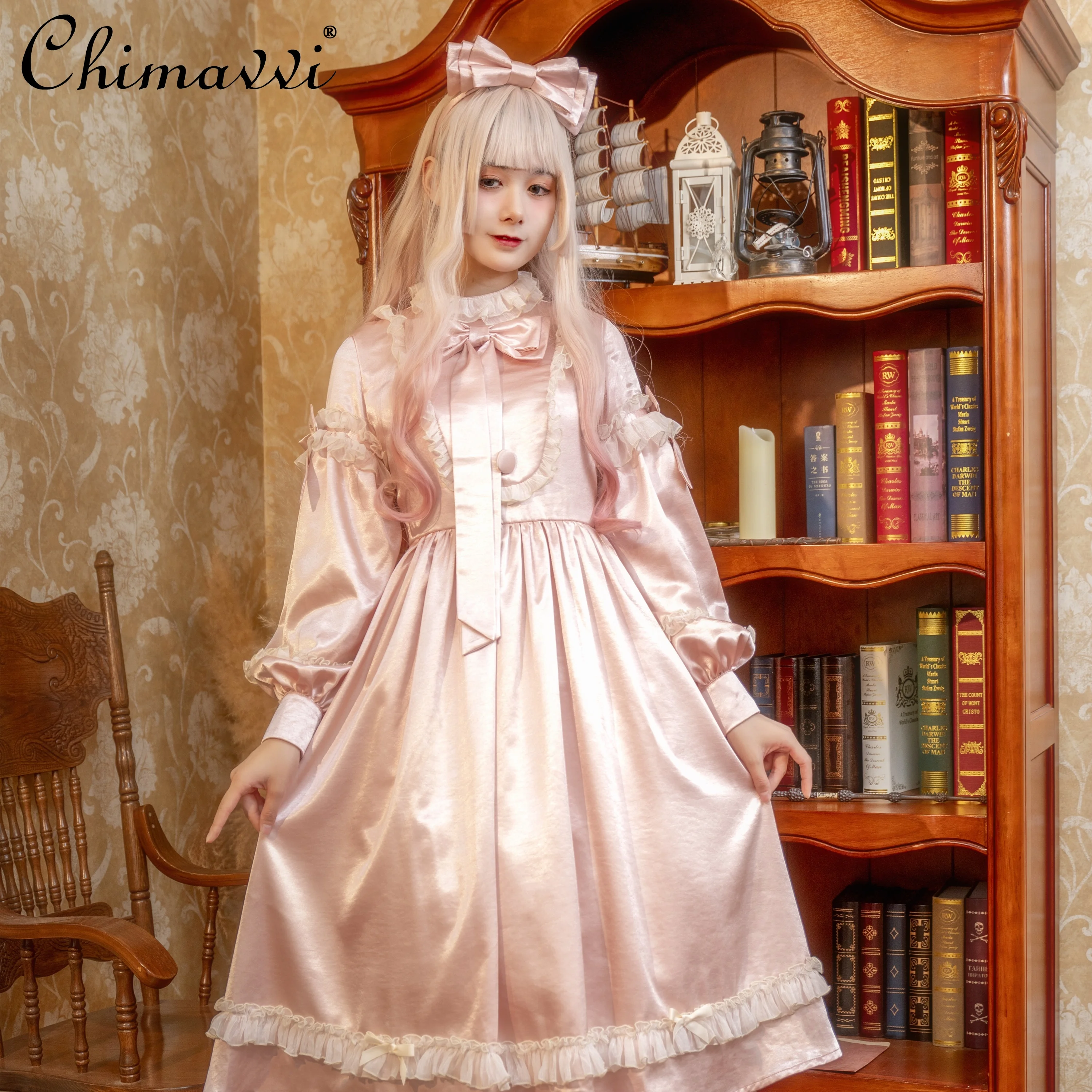 

Girly Style Vintage Long Solid Satin Lolita Dress New 2024 Autumn Winter Kawaii Long Sleeve Sweet Bow Temperament Long Dresses