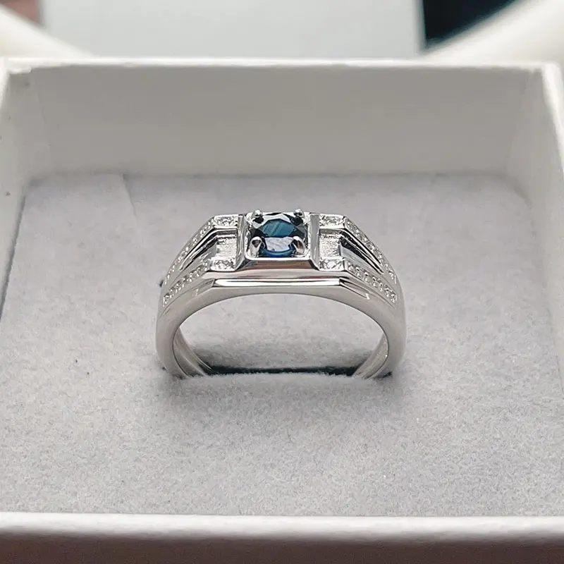 Natural 5mm Sapphire Statement Ring 925 Sterling Silver Fine Dark Blye Sapphire Ring for Men