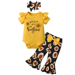 New Summer Newborn Baby Girl Casual Clothes Set Letter Printed Short Sleeve Romper Top + Floral Flared Pants + Headband Outfit