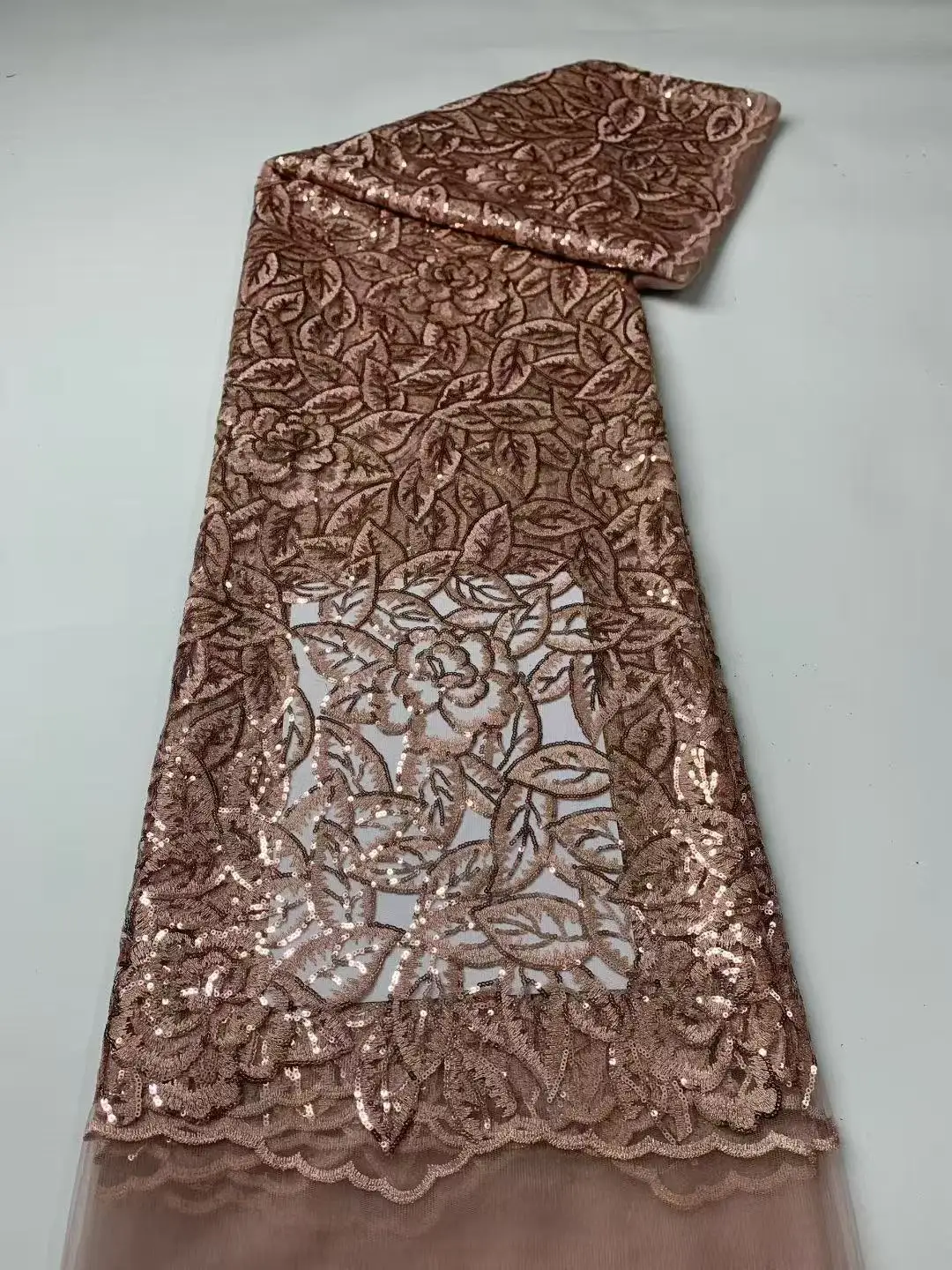 

African Bridal Embroidered Lace Fabric with Sequins and Beads, Green Nigerian French Lace Fabric for Party Evening Gowns Sewing