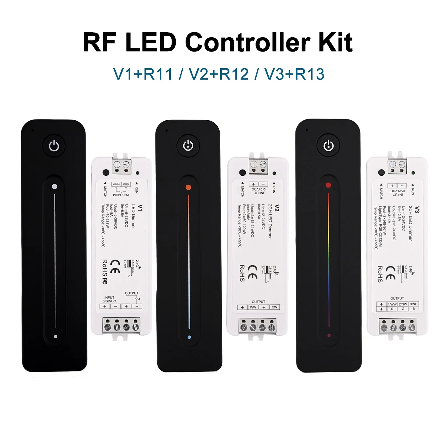 2.4GHz RF Remote Wireless LED Controller 1/2/3CH 8A Dimmer With Auto-transmitting Fade Mode Touch Slide For Single Color CCT RGB
