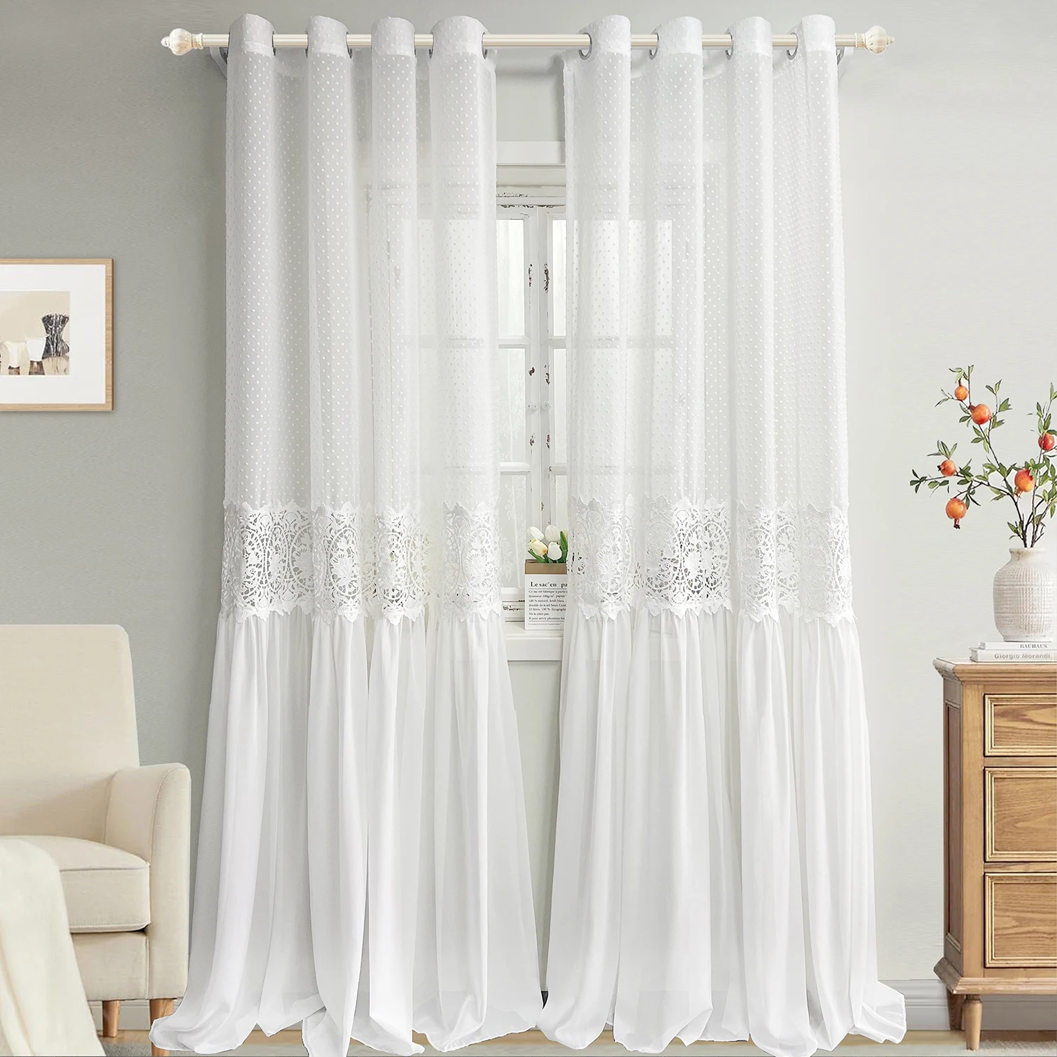 French Romantic Lace Tulle Sheer Curtains, Hollow Flower Light Filtering Drape for Bedroom，300cm Height Extra Long Curtain