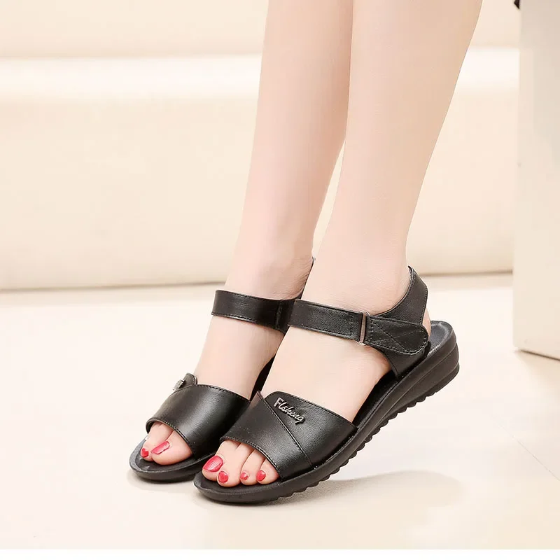 Summer Fashion Genuine Leather Ladies Sandals middle-aged non-slip flat comfortable old shoes large size Soft bottom women shoes