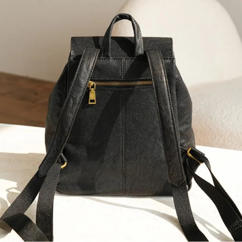 Classic Pure Color Genuine Leather Flap Backpack Fashionable Functional Commuting Bag College Style Daypack for Girls