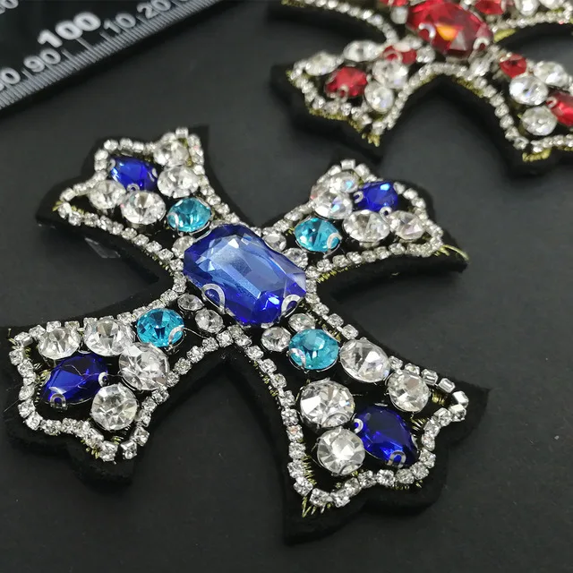 1 szt. Ręcznie robione naszywki z koralikami Rhinestone krzyżowe naszywki z koralikami aplikacja na odzież