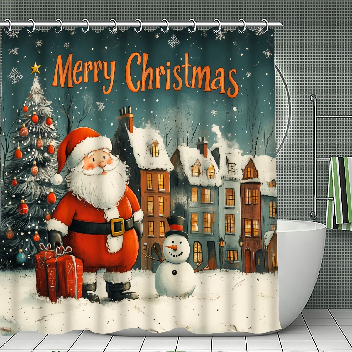 4pc 2D Flat Christmas Bathroom Set, Santa & Snowman Print, Winter Snowflake Theme, Machine Washable, Mats & Toilet Cover