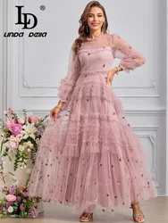 LD LINDA DELLA Summer 2024 luxury Designer Dresses for women Vintage Flowers Embroidery Net Yarn Ruffles Dresses Sizes S-4XL