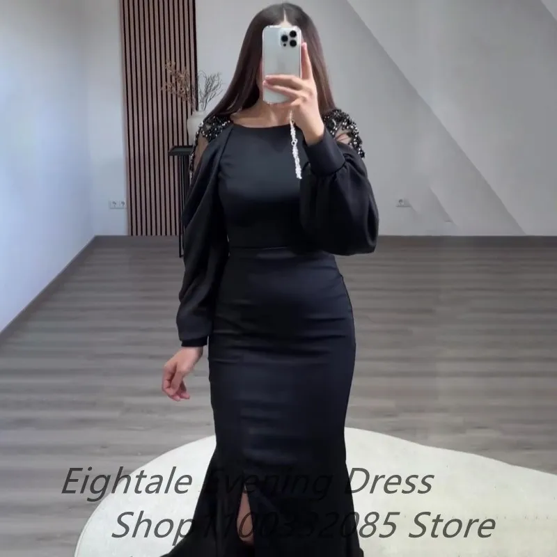 Eightale Customized Black Chiffon Mermaid Evening Dress Long Puff Sleeves Sexy Slit Plus Size Arabic Formal Prom Party Gown