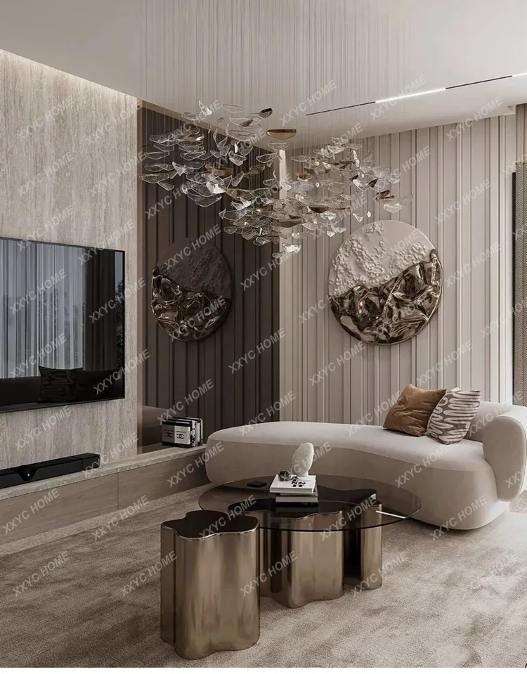 Stainless steel silver irregular coffee table tempered ultra-white wave special-shaped tree root simple sofa table