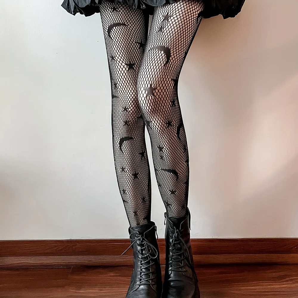 

Moon & Star Pattern Fishnet Tights, Cut Out High Waist Mesh Pantyhose, Women's Stockings & Hosiery